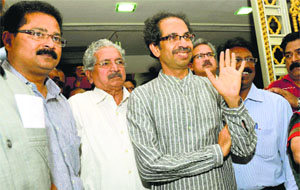 Shiv Sena chief Uddhav Thackeray at a meeting with newly elected party MLAs at Sena Bhavan in Mumbai on Monday.