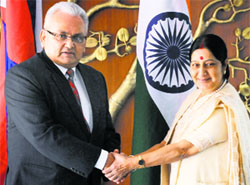 Minister of Foreign Affairs of Nepal Mahendra Bahadur Pandey meets Minister of External Affairs Sushma Swaraj in New Delhi on Monday.
