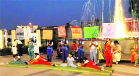 Schoolchildren give the message of celebrating green Diwali in Amritsar.