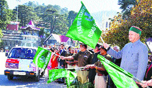  Chief Minister Virbhadra Singh flags off a rally from The Ridge in Shimla on Tuesday.