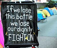 A signboard outside a pro-democracy protesters camp site in Admiralty district of Hong Kong on Tuesday