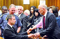Oscar Pistorius (front L) holds the hands of family members after being sentenced at the North Gauteng High Court in Pretoria on Tuesday