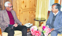 Governor NN Vohra during a meeting with MLA MY Tarigami in Srinagar on Wednesday. A Tribune photograph