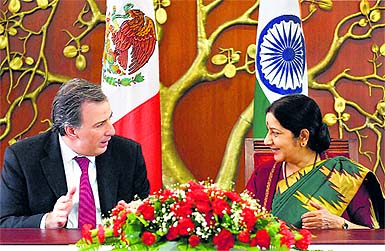 External Affairs Minister Sushma Swaraj with Mexican Minister of Foreign Affairs Jose Antonio Meade Kuribrena in New Delhi on Wednesday. 