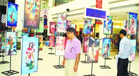 Digital abstract art work on display at an exhibition at Alpha One Mall in Amritsar.