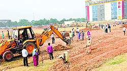 HUDA ground in Panchkulas Sector 5 is being levelled on Friday for CM-designate Manohar Lal Khattars swearing-in ceremony on October 26