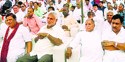 Independent MLA Jai Prakash (second from left) with BJP's Hisar MLA Kamal Gupta (extreme left) during a function at Agroha in Hisar district on Friday