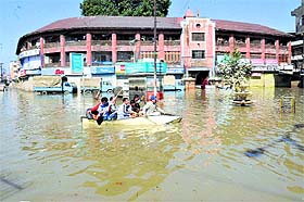A file photograph of a flooded Budshah chowk in Srinagar. 