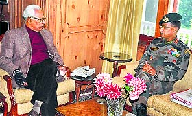 Governor NN Vohra with GOC of the 15 Corps Lt Gen Subrata Saha in Srinagar on Wednesday. 
