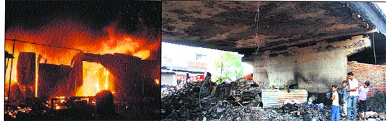 Illegal makeshfift shops under the Rama Mandi bridge which caught fire on Diwali night in Jalandhar; and (right) the charred remains of the shops under the bridge.