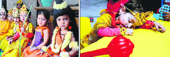 Students of Maple Bear School dressed in traditional attire; and (above) a child takes a nap during the Diwali celebrations in Ludhiana. Photos: Inderjeet Verma