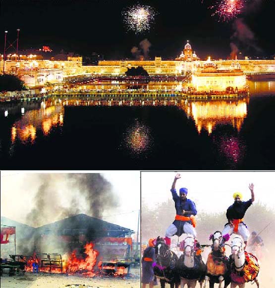 (Clockwise from top) Fireworks in progress over the illuminated Golden Temple on the occasion of Diwali and Bandi Chhod Diwas in Amritsar on Thursday; Nihangs display their horse riding skills in Amritsar; and stalls on fire at Mandi Bariwala in Muktsar district on Thursday. 