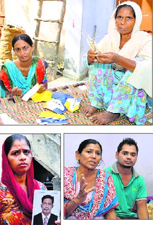 Clockwise from top: Surjit Mainkas mother and wife Usha Rani stitching footballs at their house in Churowali village in Jalandhar; Gian Kaur, wife of Balwant Rai, with her son Rakesh Kumar at Dhadde village in Jalandhar district; and Kamaljit Kaur with her husband Roop Lals picture at her house in Bath Kalan village in Nakodar.