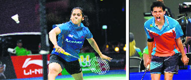 P Kashyap (right) lost in quarterfinals, while Saina Nehwal tasted success on Friday. FILE