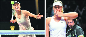 Caroline Wozniacki hits a give-away ball to spectators after defeating Petra Kvitova; and Maria Sharapova blows a kiss to the spectators after defeating Agnieszka Radwanska in the WTA Finals in Singapore on Friday. AFP photos