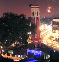 The Clock Tower area illuminated during Diwali night in Dehradun on Thursday.