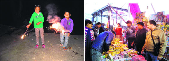 Children burst Indian crackers in Mussoorie on Thursday; and (right) Indian crackers for sale in Mussoorie on Thursday.