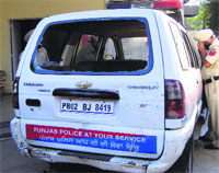 The damaged police vehicle stationed at the C-Division police station in Amritsar. Photo: R.K. Soni