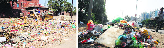 Garbage strewn on the road outside Bhadrakali Temple Gate Khazana; and (right) garbage piles on the road outside Bebe Nanki Mother and Child Care Centre in Amritsar on Saturday. Photo: R.K. Soni