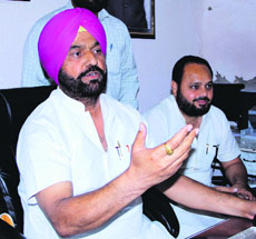 Former MLA Harminder Singh Jassi addresses media persons in Bathinda on Saturday.