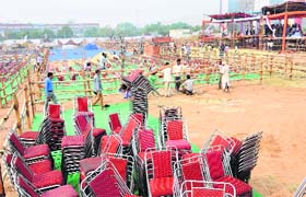 Gearing up: Arrangements being made at the venue of Haryana CM designates swearing-in ceremony in Sector 5, Panchkula, on Saturday