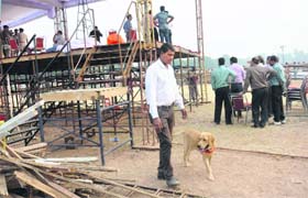 A dog squad team inspects the area near the stage where the ceremony will take place