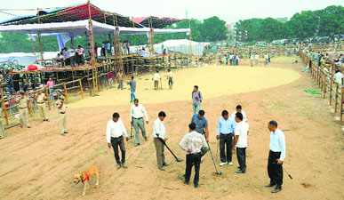 Police officials inspect the venue of the swearing-in ceremony in Panchkula on Saturday.