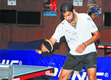 A player in action during the 25th Prithipal Singh Memorial Open Table Tennis Tournament in Ludhiana.