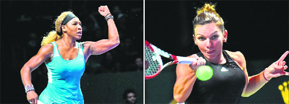 Serena Williams reacts to a point against Caroline Wozniacki; Simona Halep plays against Agnieszka Radwanska during the semifinals of the Womens Tennis Association (WTA) Finals.