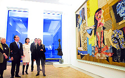 Maya Picasso, daughter of Pablo Picasso, and French President Francois Hollande pose with other guests during the inauguration of the Picasso Museum in Paris on Saturday