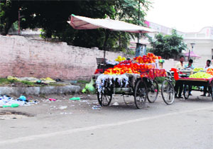 a road encroached upon by vendors in Amritsar on Sunday