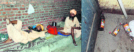 Homeless persons live on a footpath near the Bathinda railway station; and (right) liquor bottles strewn inside Rain Basera in Bathinda. 