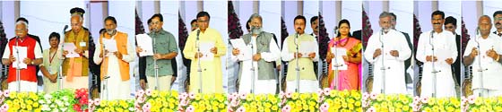 From left: Cabinet ministers Ram Bilas Sharma, Capt Abhimanyu, Om Prakash Dhankar, Anil Vij, Rao Narbir Singh, Kavita Jain and Ministers of State Bikram Singh Thekedar, Krishan Kumar, Karan Dev Kamboj take oath in Panchkula on Sunday