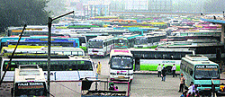 Buses at the Shaheed-e-Azam Sardar Bhagat Singh Inter-state Bus Terminal parked haphazardly by the Punjab Roadways Employees Union in Jalandhar on Sunday