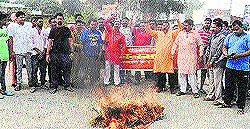 Shiv Sainiks burn an effigy of state government in Phagwara on Sunday