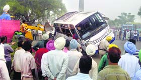 The bus that overturned near Sarabha village in Ludhiana district.