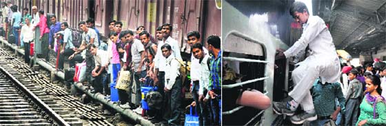 As Chhath Puja draws close, labourers wait for their respective trains; and (right) a youth enters a train through an emergency window at the Ludhiana railway station.