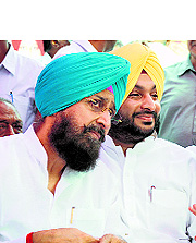 Partap Singh Bajwa, PPCC chief, and Ravneet Singh Bittu, MP, in Ludhiana on Sunday