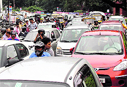 A traffic jam on Rajpur Road in Dehradun on Saturday