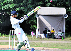 A batsman of the Tanush Cricket Academy plays a pull shot during a match in the Nadar Khan Memorial 3rd Youth Cup Cricket Tournament at Rangers Ground in Dehradun on Sunday
