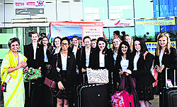 A group of students from St Francis College, England, arrive for an international student exchange programme at Unison World School in Dehradun on Sunday