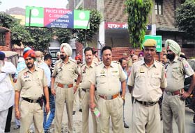 Police force deputed outside the police station in Amritsar on Monday