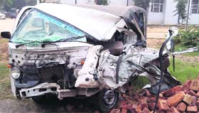 The mangled remains of the ill-fated TATA Magic at the Lalru police station in Dera Bassi on Monday.