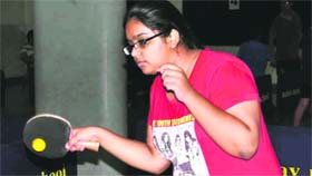 A player in action during a table tennis match in Panchkula.