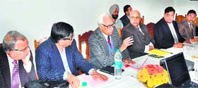 Governor NN Vohra chairs a meeting at the University of Jammu on Monday