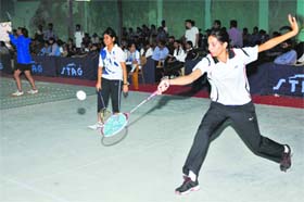 Players in action during the North Zone Inter-University Badminton Championship at the Gymnasium Hall in the University of Jammu on Monday