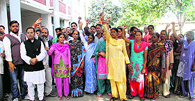 Residents protest at the SSPs office in Dehradun on Monday. 
