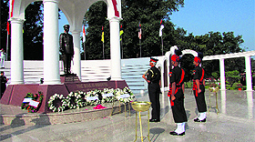 Lt Gen Manvendra Singh, Commandant, Indian Military Academy, places wreaths at the War Memorial on the 68th Infantry Day in Dehradun on Monday. 