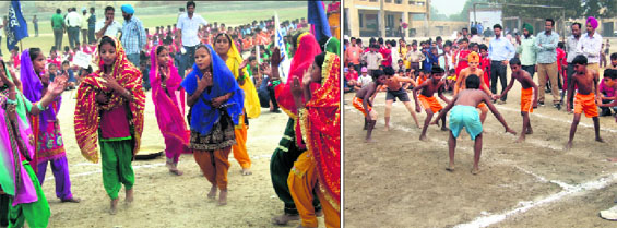 Girls perform at the inaugural function of the 36th district level Primary School Games; (right) children play kabaddi on the first day of the games at Behman Dewana village in Bathinda on Tuesday.