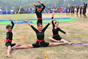 Students perform during the opening ceremony of the 60th National School Games for Baseball at the GMSSS in Sector 37, Chandigarh, on Tuesday